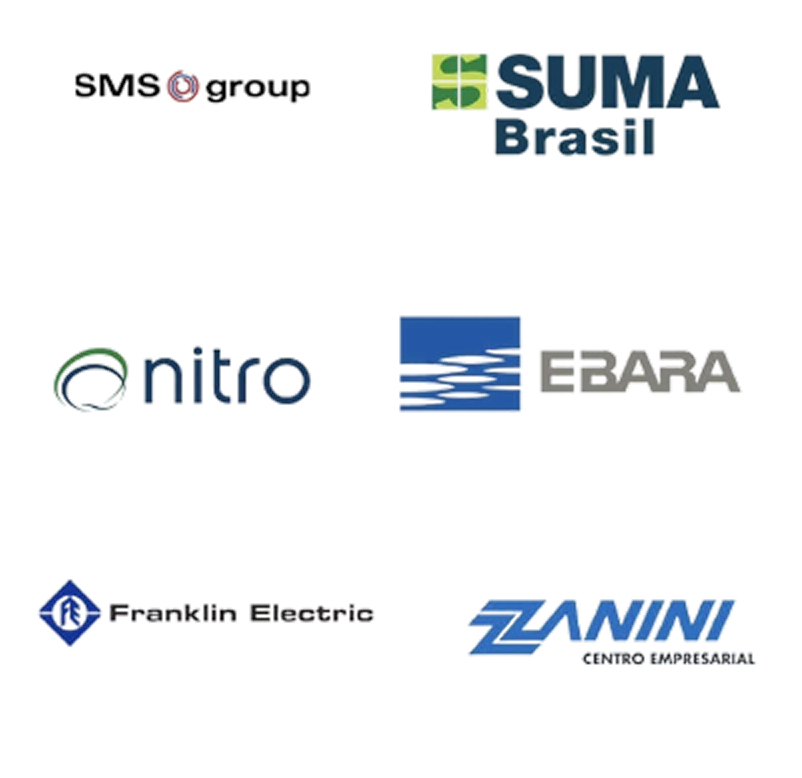 Logos dos clientes e parceiros: SMS group, SUMA Brasil, Nitro, Ebara, Franklin Electric e Zanini